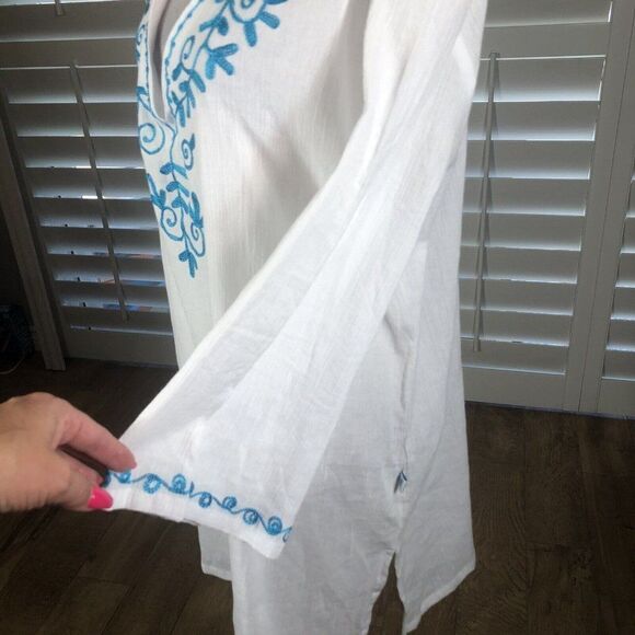 Just Bee White Beach Top Swim Cover L 100% Cotton Gauze 3/4 Sleeve Turquoise - Picture 5 of 12
